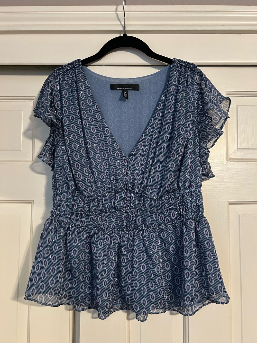 WHBM Blue Printed V-Neck Ruffle Sleeve Blouse